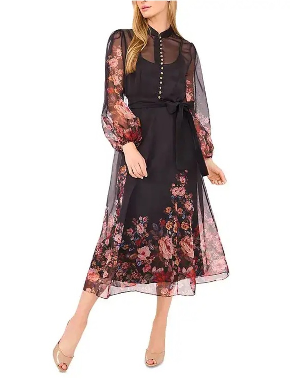 Ted baker Black Floral Long Sleeve Midi Dress with Tie Waist